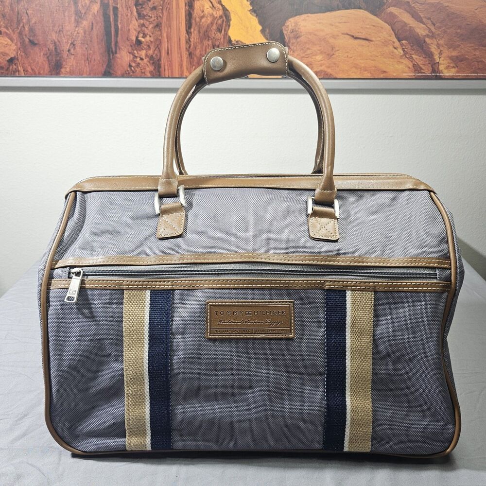 Vintage 90s Y2K Tommy Hilfiger Duffel Bag Grey Canvas Travel Weekender Luggage